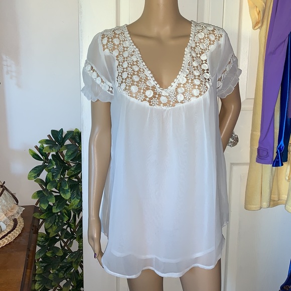 ivory chiffon sheer layered puff slv babydoll tunic blouse top L - Picture 6 of 11